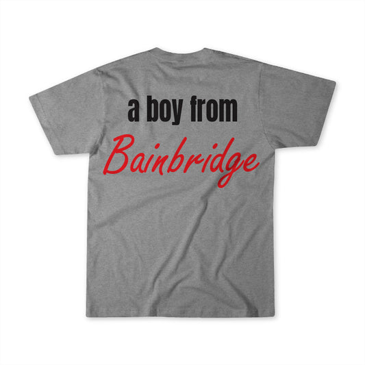 A boy from Bainbridge in red and black lettering on a gray shirt.