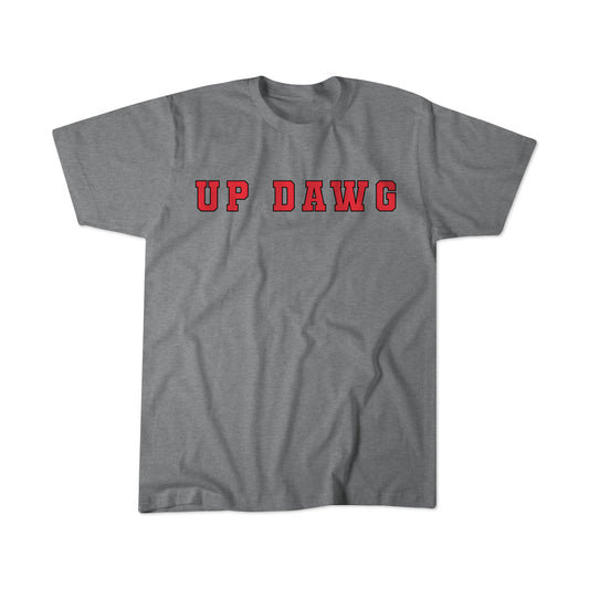 "Up Dawg" shirt in heather gray with red and black lettering signifying UGA sports.
