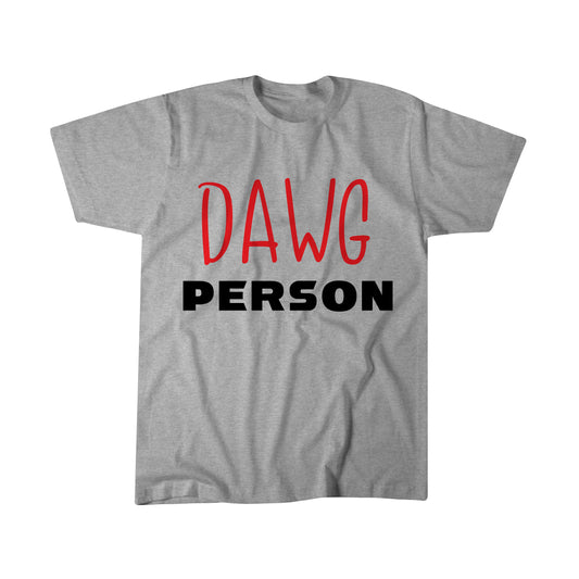 Dawg person script in red and black on a gray t shirt.