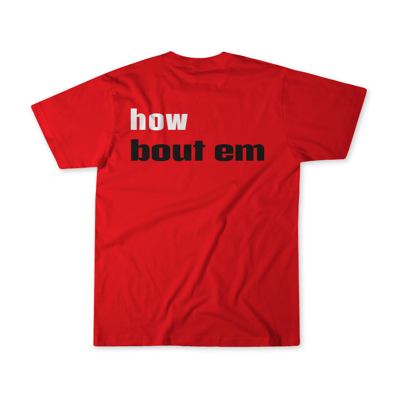 Red t-shirt with text 'how bout em' on a white background
