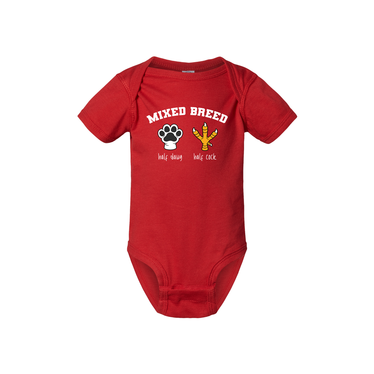 Red Rabbit Skins baby bodysuit with Mixed Breed half dawg half cock animal paw design