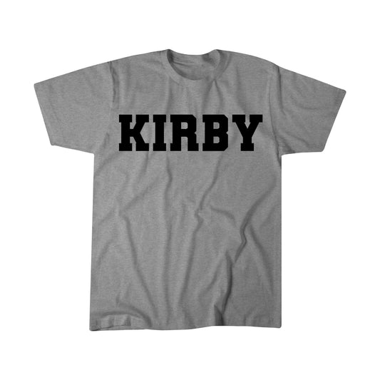 Heather gray t shirt with "KIRBY" in block, black letters, front view.