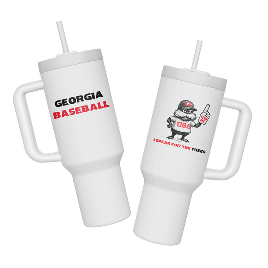 Two white tumblers with Georgia Baseball design on a light gray background
