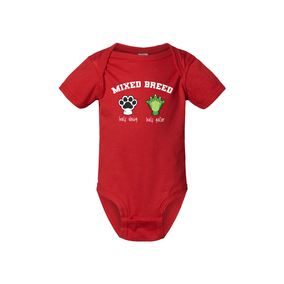 Red Rabbit Skins baby bodysuit with Mixed Breed half dawg half gator animal paw design