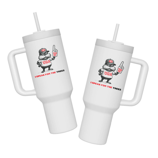 two white tumblers uga baseball i speak for the trees cartoon image
